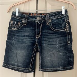 Rock Revival Dark Blue Denim Shorts with Off-White & Orange Stitching